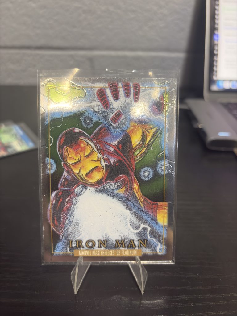 Rare Marvel Masterpieces '92 Platinum Iron Man trading card featuring iconic dynamic art for dedicated collectors building high-value assets today.