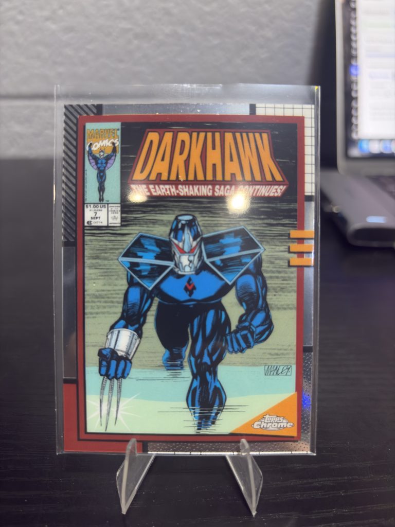 Rare Topps Chrome Marvel Darkhawk comic book trading card featuring classic cover art for dedicated collectors building high-value assets today.