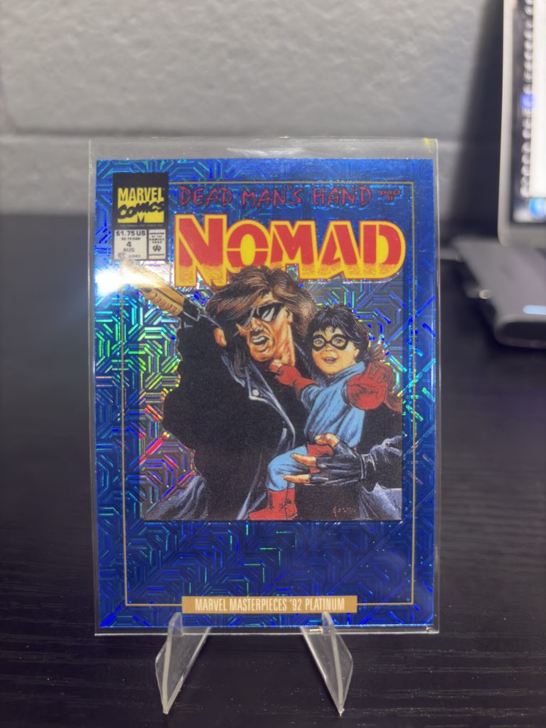 Rare Marvel Masterpieces '92 Platinum Nomad trading card featuring classic comic cover art for dedicated collectors building high-value assets today.