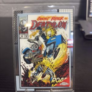 Rare Topps Chrome Marvel Ghost Rider vs. Deathlok comic book trading card featuring dynamic battle art for dedicated collectors building high-value assets today.