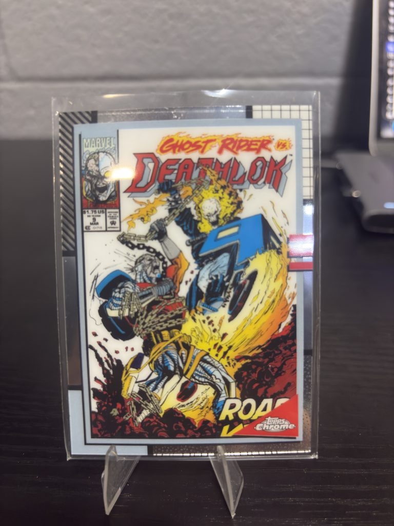 Rare Topps Chrome Marvel Ghost Rider vs. Deathlok comic book trading card featuring dynamic battle art for dedicated collectors building high-value assets today.