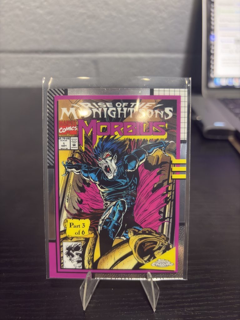 Rare Topps Chrome Rise of the Midnight Sons Morbius Marvel comic book trading card featuring intense cover art for dedicated collectors building high-value assets today.