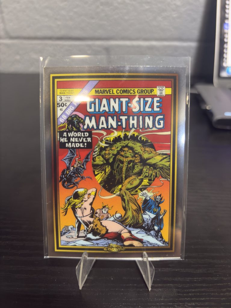 Rare Topps Chrome Giant-Size Man-Thing Marvel comic book trading card featuring classic cover art for dedicated collectors seeking high-value assets to build prosperity today.
