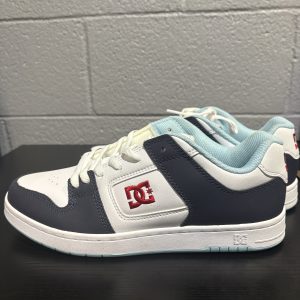 Classic DC Court Graffik skate shoes in a clean white, navy, and red colorway, ideal for collectors and skaters looking to add high-value, durable assets to their collection today.