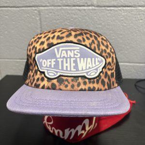 Unique Vans "Off The Wall" trucker cap featuring a bold leopard print and lilac purple accents, a stylish collectible accessory for those adding prosperity to their portfolio today.