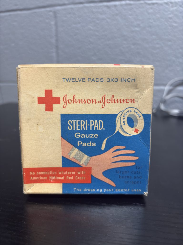 Rare vintage Johnson & Johnson "Steri-Pad" gauze pads box, a fascinating piece of mid-century medical history perfect for collectors of antique health and apothecary memorabilia.