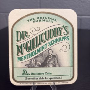 Set of 6 vintage Dr. McGillicuddy's Mentholmint Schnapps "Football Challenge" beer coasters featuring various NFL trivia, a perfect high-vibration collectible set for sports and breweriana enthusiasts.