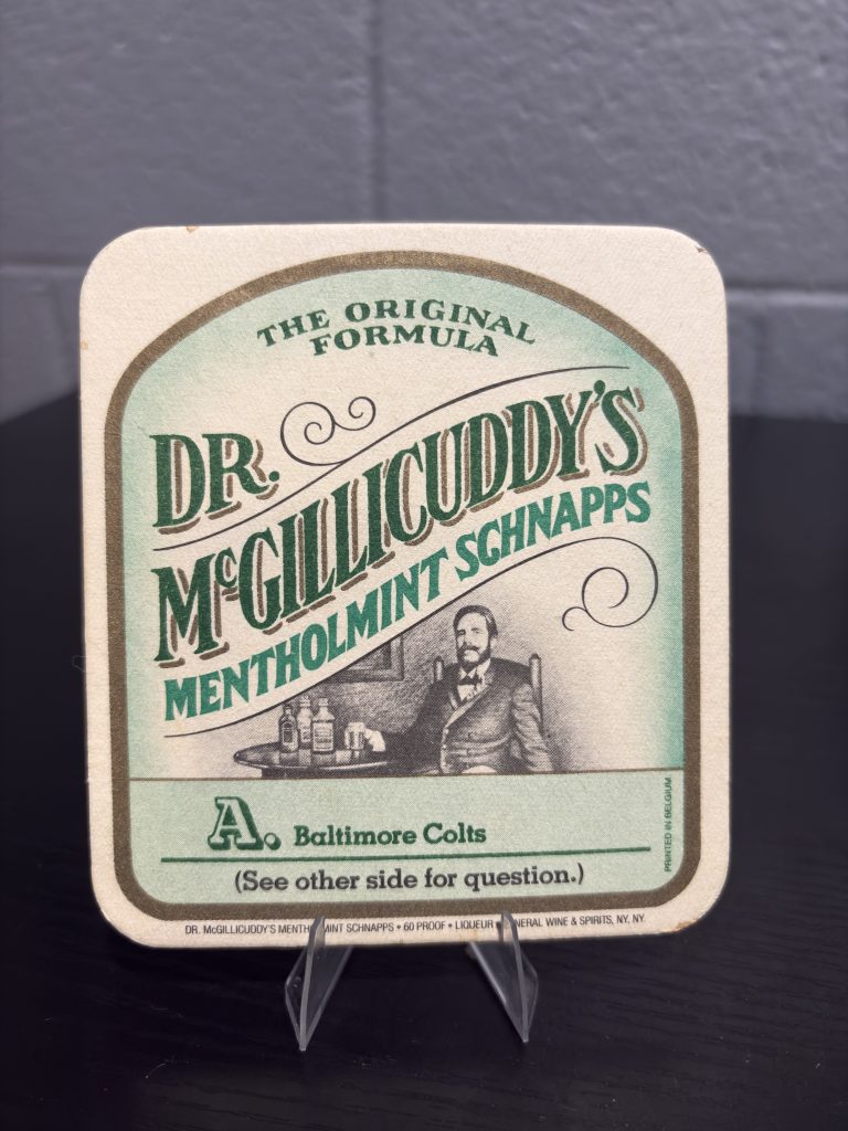 Set of 6 vintage Dr. McGillicuddy's Mentholmint Schnapps "Football Challenge" beer coasters featuring various NFL trivia, a perfect high-vibration collectible set for sports and breweriana enthusiasts.