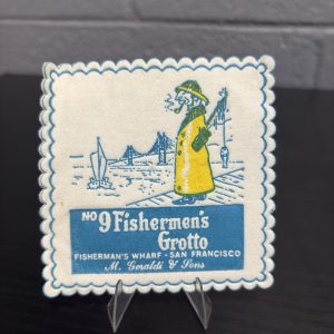 Set of 4 vintage felt coasters from No. 9 Fisherman's Grotto in San Francisco, featuring the iconic wharf scene, a high-vibration collectible set for travel and culinary history enthusiasts.