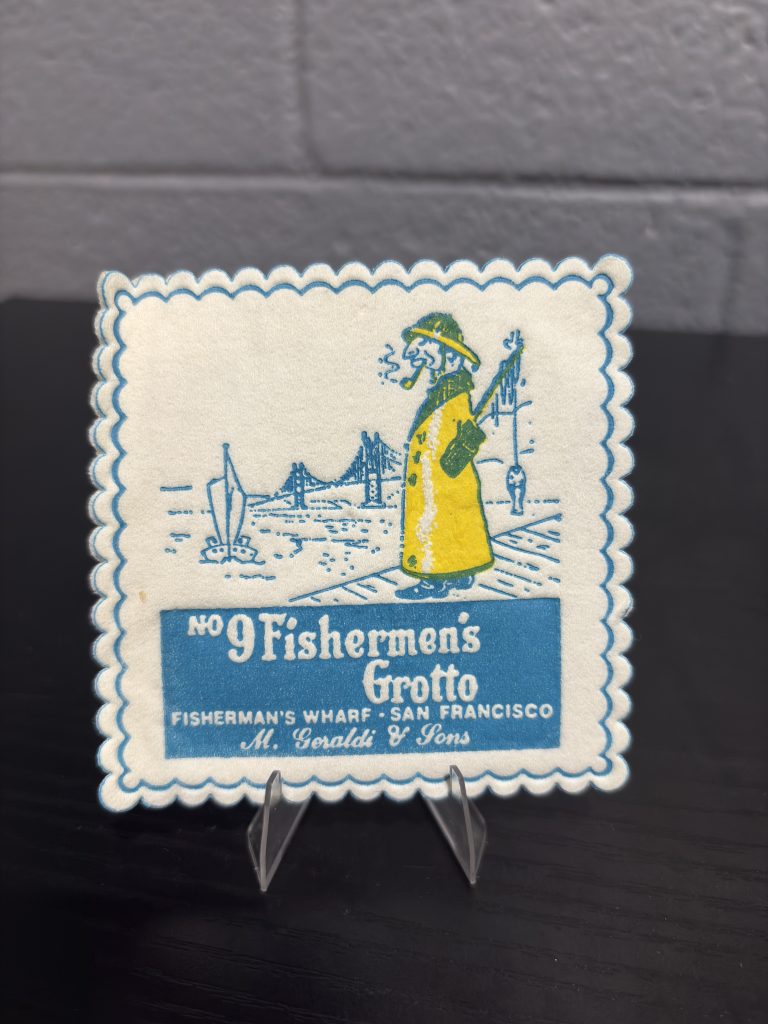 Set of 4 vintage felt coasters from No. 9 Fisherman's Grotto in San Francisco, featuring the iconic wharf scene, a high-vibration collectible set for travel and culinary history enthusiasts.
