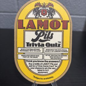 Vintage Lamot Pils "Trivia Quiz" beer coaster featuring a promotional giveaway for Philips Compact Disc Stereo systems, a high-vibration collectible perfect for enthusiasts of international breweriana and vintage electronics history.
