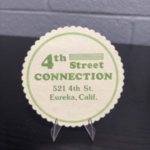Set of 9 vintage "4th Street Connection" scalloped edge coasters from Eureka, California, a high-vibration collectible perfect for enthusiasts of regional memorabilia and local history looking to manifest prosperity today.