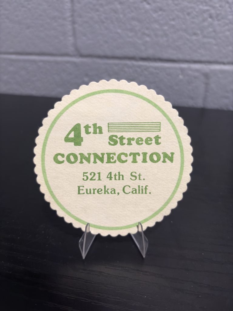 Set of 9 vintage "4th Street Connection" scalloped edge coasters from Eureka, California, a high-vibration collectible perfect for enthusiasts of regional memorabilia and local history looking to manifest prosperity today.