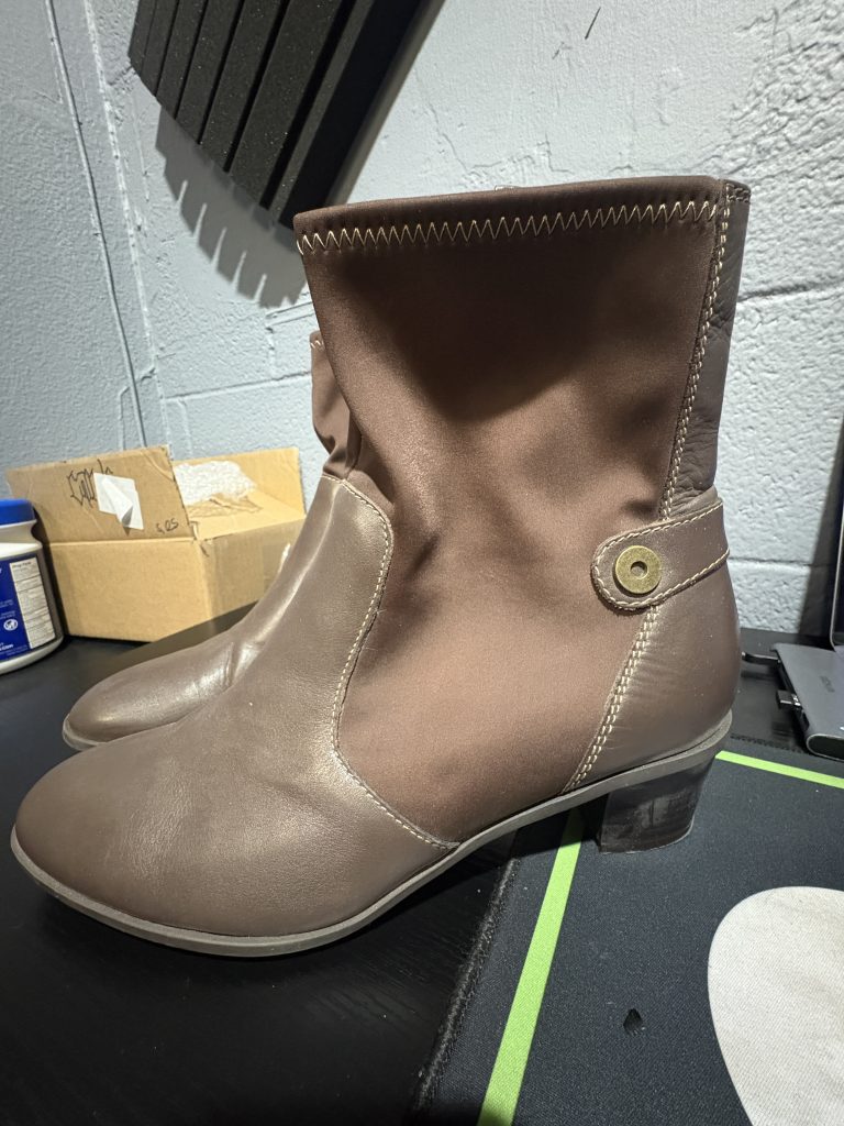 Pre-owned women's Cloudwalkers brown leather and fabric ankle boots with a low heel and decorative side button, a comfortable, high-vibration footwear essential perfect for manifesting stability and prosperity.