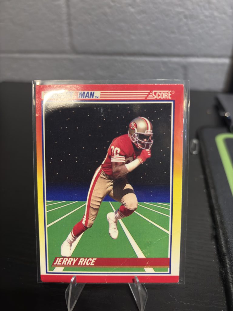 Vintage Score "Rocket Man" Jerry Rice San Francisco 49ers trading card, a master-number 11 frequency collectible for football enthusiasts focused on historic excellence, speed, and visionary playmaking.