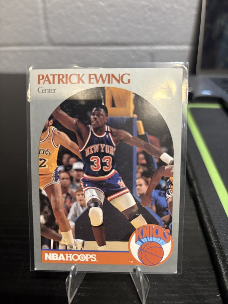 Vintage Patrick Ewing New York Knicks NBA Hoops trading card, a master-number 11 frequency collectible for basketball enthusiasts focused on historic excellence and legendary visionary performance.