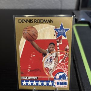 Vintage 1990 NBA Hoops Dennis Rodman "All-Star East" trading card, a master-number 11 frequency collectible for basketball enthusiasts focused on historic excellence and visionary performance.