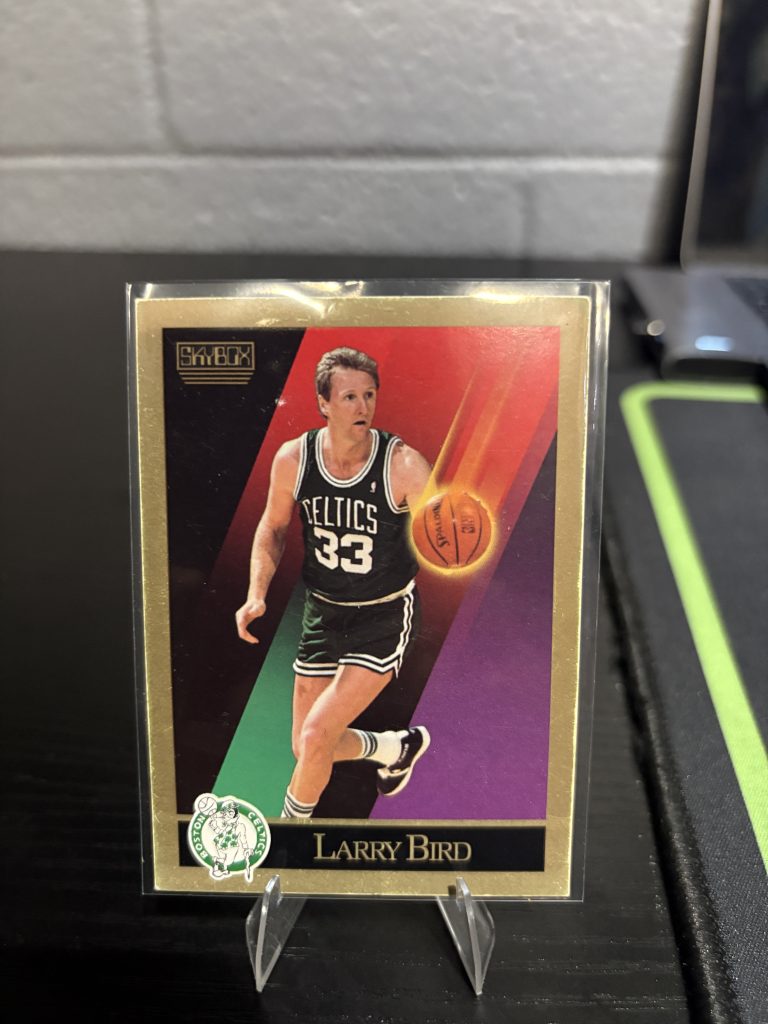 Vintage SkyBox Larry Bird Boston Celtics trading card, a master-number 11 frequency collectible for basketball enthusiasts focused on historic excellence and legendary visionary playmaking.