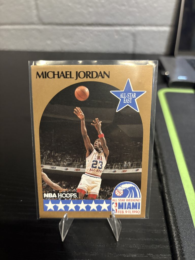 Vintage 1990 NBA Hoops Michael Jordan "All-Star East" trading card, a master-number 11 frequency collectible for basketball enthusiasts focused on historic excellence and visionary performance.