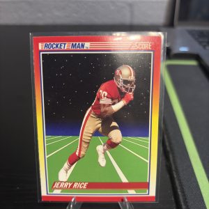 Vintage Score "Rocket Man" Jerry Rice San Francisco 49ers trading card, a master-number 11 frequency collectible for football enthusiasts focused on historic excellence, speed, and visionary playmaking.