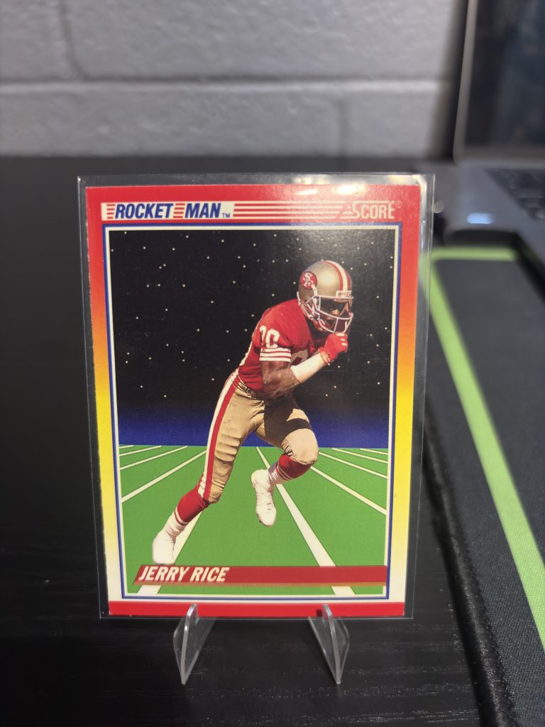 Vintage Score "Rocket Man" Jerry Rice San Francisco 49ers trading card, a master-number 11 frequency collectible for football enthusiasts focused on historic excellence, speed, and visionary playmaking.