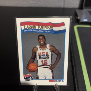 Vintage 1992 NBA Hoops Earvin "Magic" Johnson USA Basketball Team trading card, a master-number 11 frequency collectible for basketball enthusiasts focused on historic excellence and visionary teamwork.