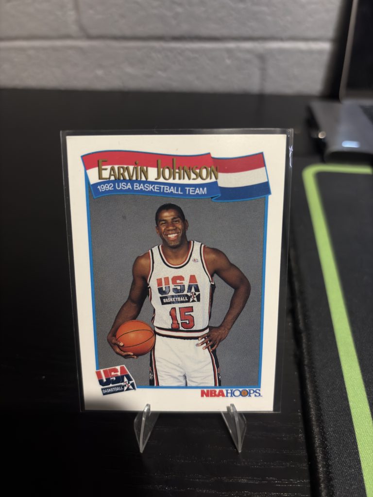 Vintage 1992 NBA Hoops Earvin "Magic" Johnson USA Basketball Team trading card, a master-number 11 frequency collectible for basketball enthusiasts focused on historic excellence and visionary teamwork.
