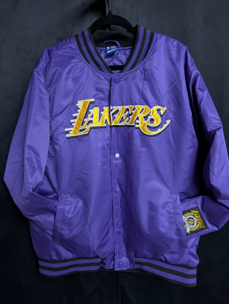 Vintage purple and gold Los Angeles Lakers varsity jacket Mens bomber button-up jacket.