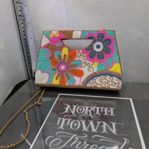"Floral Neon Golden" Handmade Vintage Style Basket Crossbody with Metal Chain