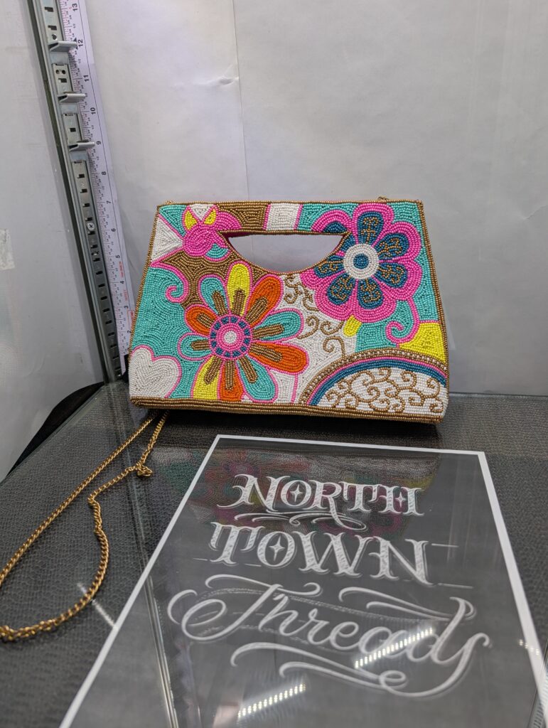 "Floral Neon Golden" Handmade Vintage Style Basket Crossbody with Metal Chain