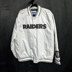 NFL licensed Las Vegas Raiders silver varsity bomber jacket