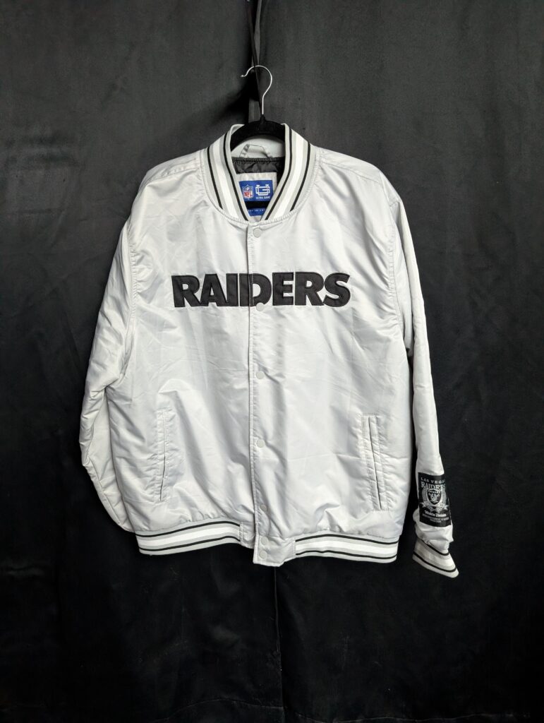NFL licensed Las Vegas Raiders silver varsity bomber jacket