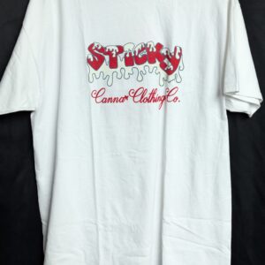 Front view of a White short-sleeve t-shirt featuring a red Sticky Canna Clothing Co. graphic logo printed across the chest -XL