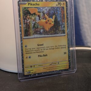 Holographic Pikachu Pokémon trading card, number 006/015 from the 2023 McDonald's Match Battle promo set, featuring a unique confetti holofoil pattern, displayed in a clear protective plastic sleeve.