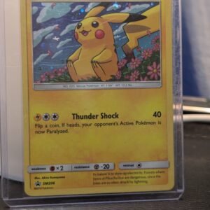 Holographic Pikachu Pokémon trading card, number SM206 from the 2019 Sun & Moon Black Star Promos, featuring the Unified Minds blister pack confetti holofoil pattern, displayed in a clear protective plastic sleeve.