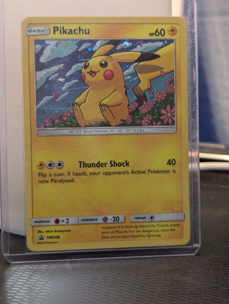 Holographic Pikachu Pokémon trading card, number SM206 from the 2019 Sun & Moon Black Star Promos, featuring the Unified Minds blister pack confetti holofoil pattern, displayed in a clear protective plastic sleeve.