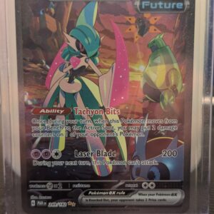 Holographic Iron Valiant ex Pokémon trading card, number 249/182 from the Paradox Rift expansion, featuring Special Illustration Rare artwork, displayed in a clear protective plastic sleeve.