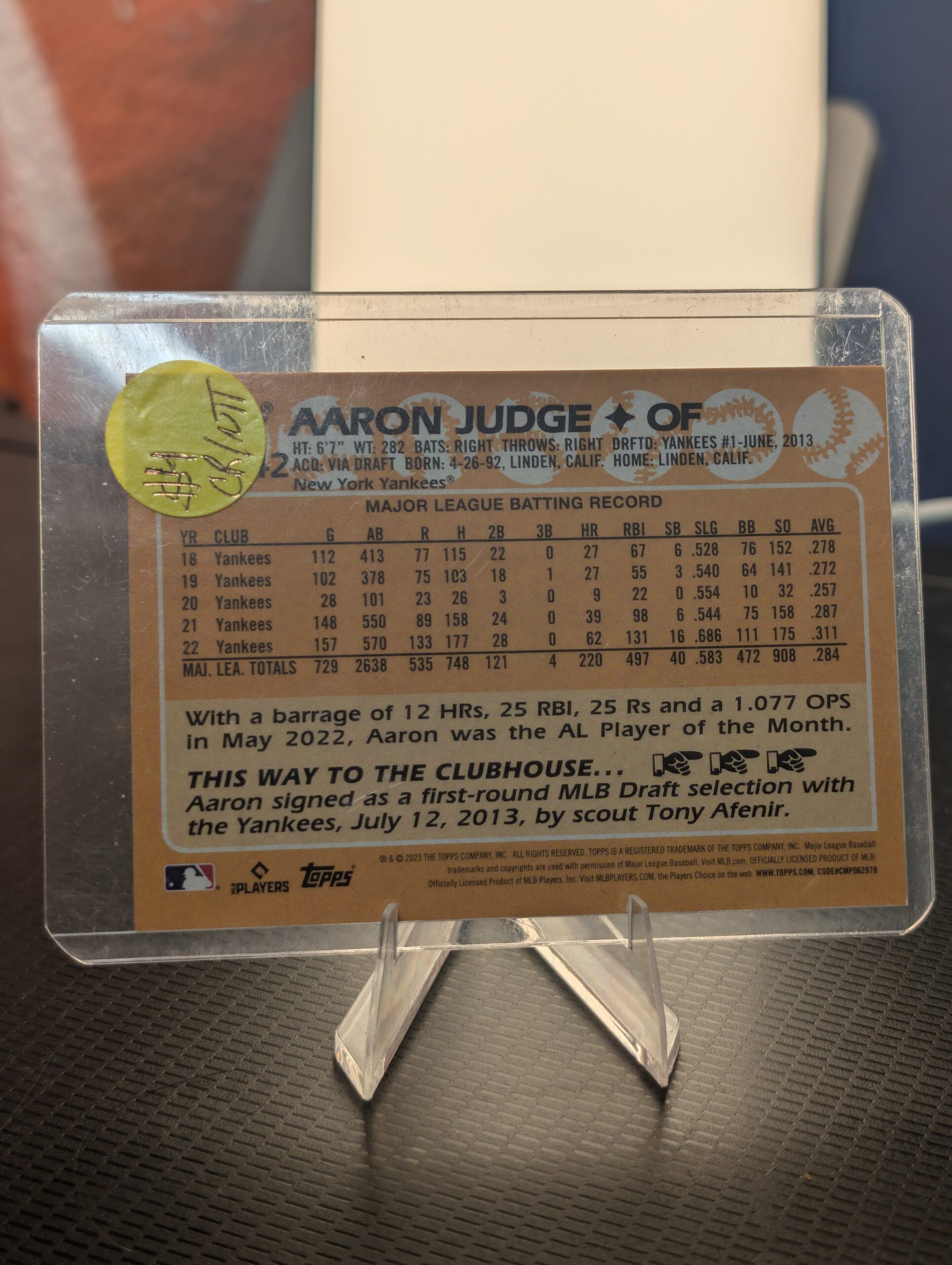 Authentic 2023 Topps Aaron Judge vintage baseball trading card displaying the classic 1988 35th anniversary design safely protected inside a clear plastic sleeve for premium collectors.