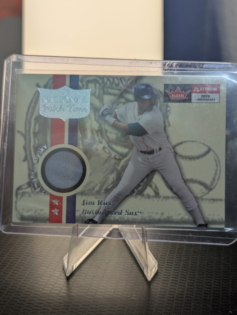 2001 Fleer Platinum National Patch Time Jim Rice game-worn jersey card for the Boston Red Sox.
