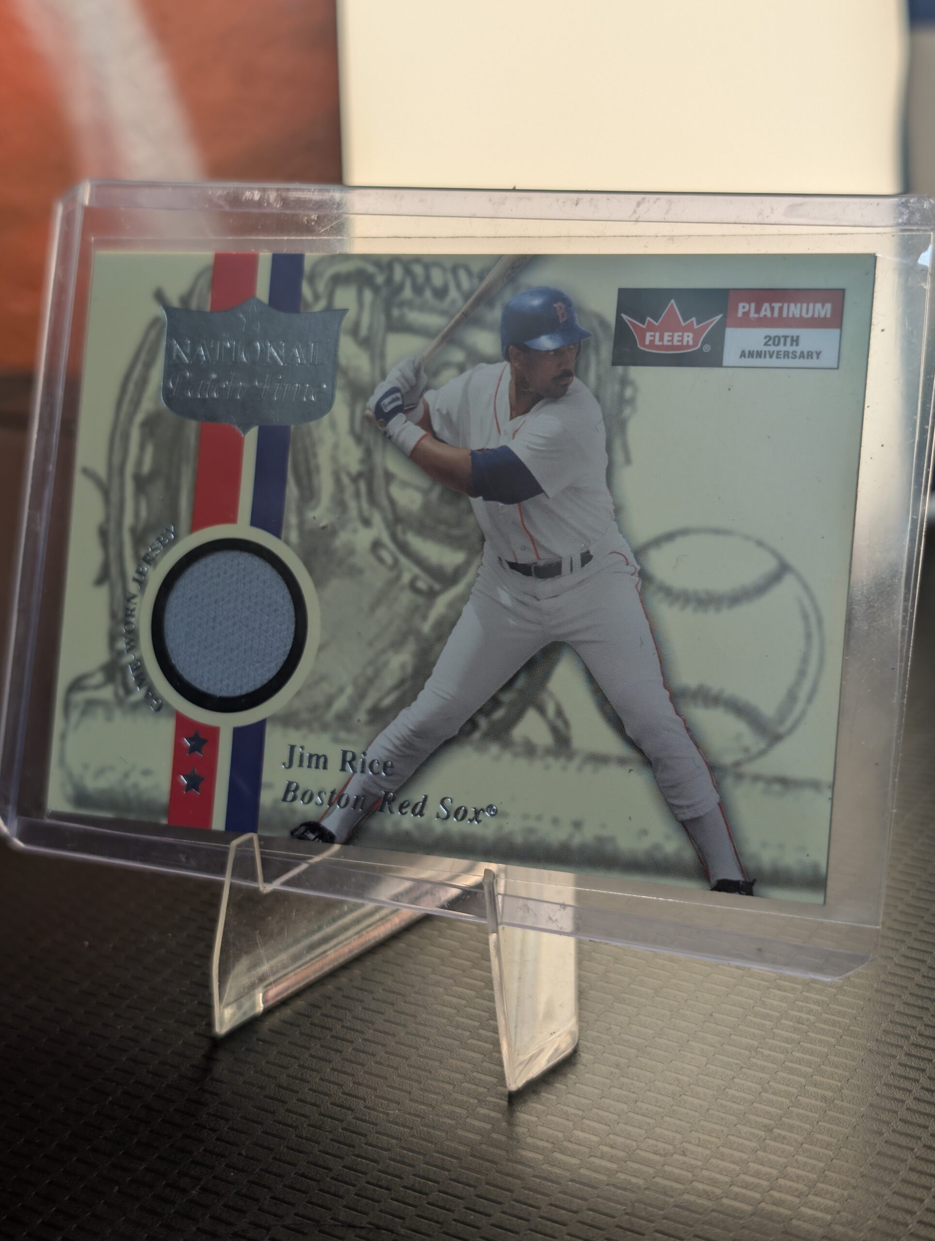 2001 Fleer Platinum National Patch Time Jim Rice game-worn jersey card for the Boston Red Sox.