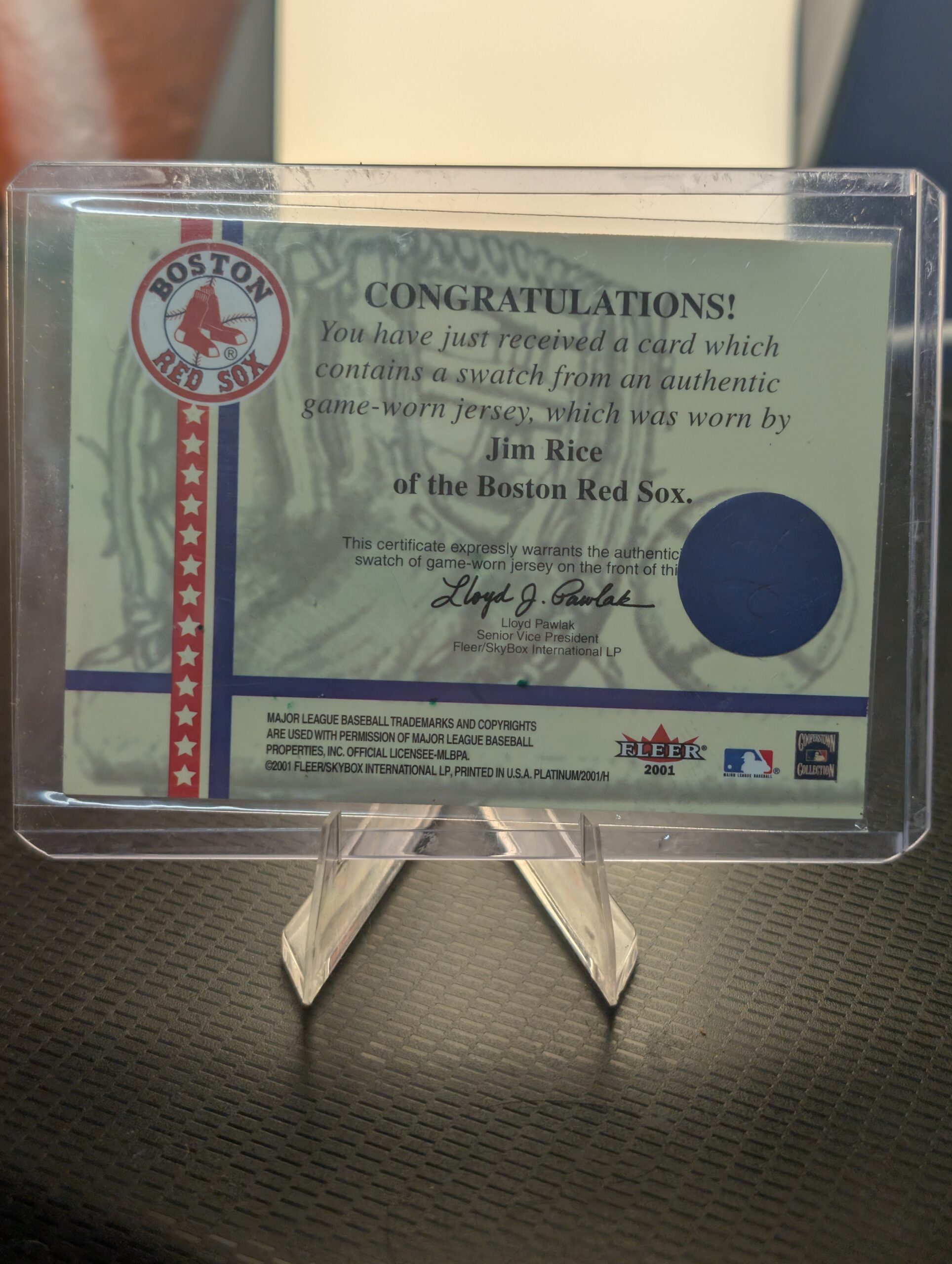 2001 Fleer Platinum National Patch Time Jim Rice game-worn jersey card for the Boston Red Sox.