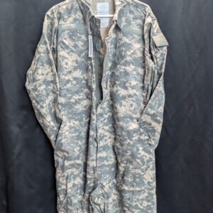 Authentic United States military surplus medium size universal camouflage print mechanics coveralls manufactured by Carter Enterprises featuring heavy duty zippers and durable reinforced fabric structure today.