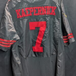 Authentic used black Nike San Francisco forty niners Colin Kaepernick football jersey in size forty eight displaying classic red stitched numbers perfectly captured for premium sports apparel collectors.