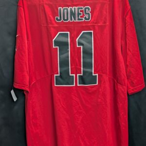 Front, back, and close-up jock tag views of a red Nike Atlanta Falcons Julio Jones #11 jersey, men's size Large.