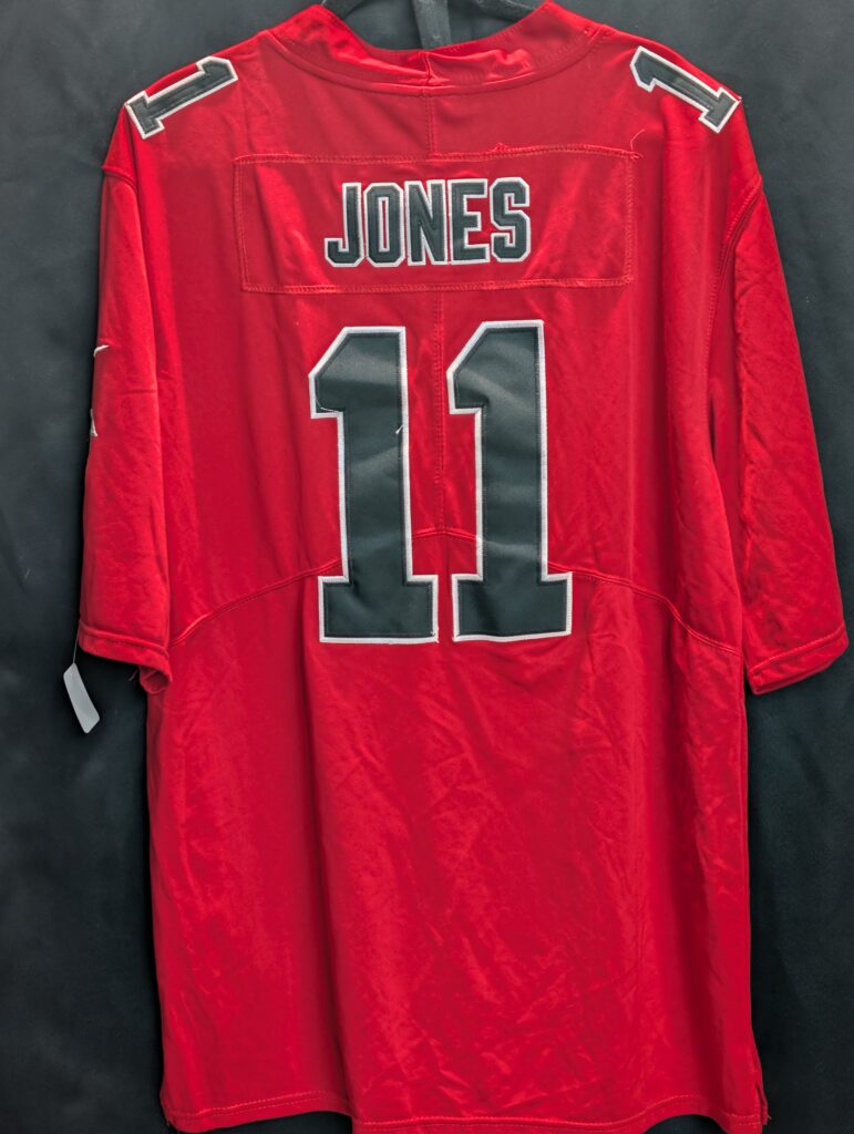 Front, back, and close-up jock tag views of a red Nike Atlanta Falcons Julio Jones #11 jersey, men's size Large.