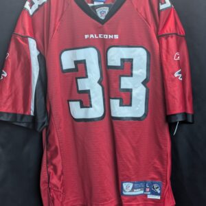 Front, back, and close-up tag views of a red Reebok Atlanta Falcons Michael Turner #33 jersey, men's size Large.