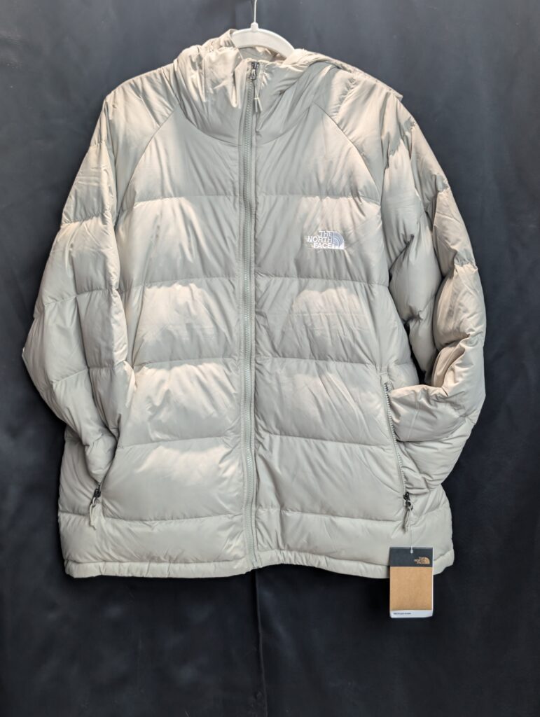 Front view of The North Face Mens Hydrenalite Hoodie in Clay Grey showing the recycled down puffy design and logo.