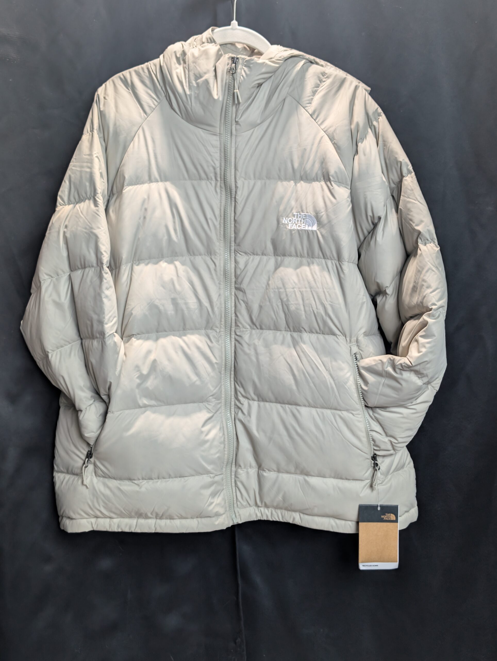 Front view of The North Face Mens Hydrenalite Hoodie in Clay Grey showing the recycled down puffy design and logo.