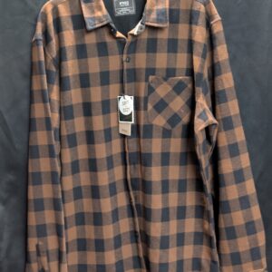 Brand new with tags Nomad brand size extra large soft and cozy brown and black buffalo plaid button down long sleeve flannel shirt perfectly displayed on a hanger.