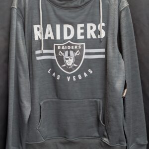 Brand new with tags official NFL Team Apparel size large Las Vegas Raiders heathered black pullover hoodie featuring classic team shield logo and convenient front kangaroo pocket today.